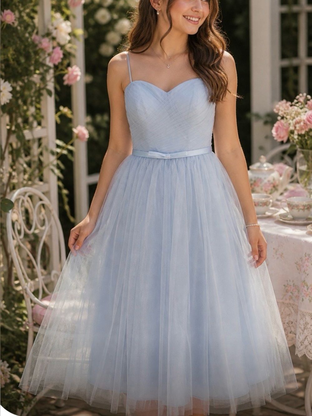 Light Blue Strapless Tulle Tea-Length Dress